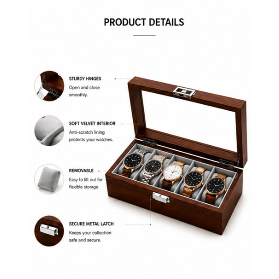 Premium Wooden SmartWatch/Watch Storage Organizer Box with 6 Display Slots - Glass Top - Dimension 31cm(L)*12cm(W)*7.5cm(H)
