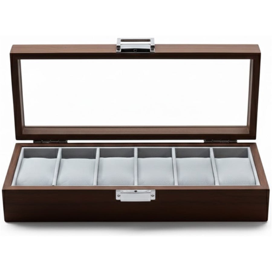 Premium Wooden SmartWatch/Watch Storage Organizer Box with 6 Display Slots - Glass Top - Dimension 31cm(L)*12cm(W)*7.5cm(H)