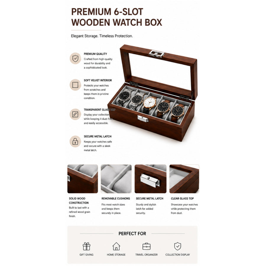 Premium Wooden SmartWatch/Watch Storage Organizer Box with 6 Display Slots - Glass Top - Dimension 31cm(L)*12cm(W)*7.5cm(H)