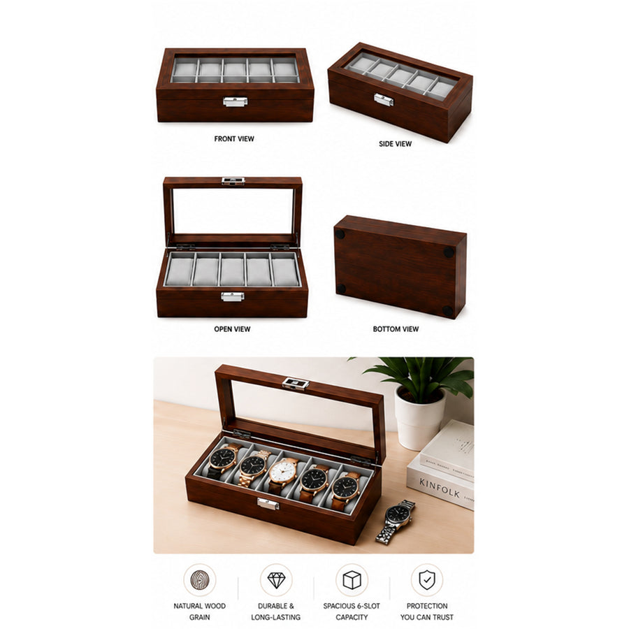 Premium Wooden SmartWatch/Watch Storage Organizer Box with 6 Display Slots - Glass Top - Dimension 31cm(L)*12cm(W)*7.5cm(H)