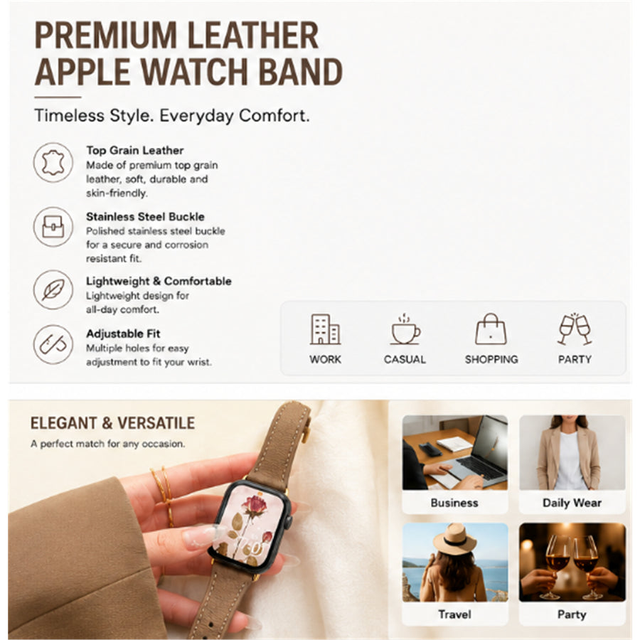 49mm/46mm/45mm/44mm - Brown PU Leather Strap with Rose Gold Buckle for Apple Watch - Compatible with Apple Watch Ultra 1/2/3, Series 11/10/9/8/7/6/SE/5/4/3/2/1
