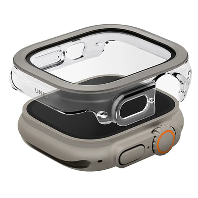 Uniq Apple Watch Ultra 3 / Ultra 2 49mm Voute Watch Case - Titanium Silver , 9H Curved Tempered Glass Screen Protector , Slim PC bumper