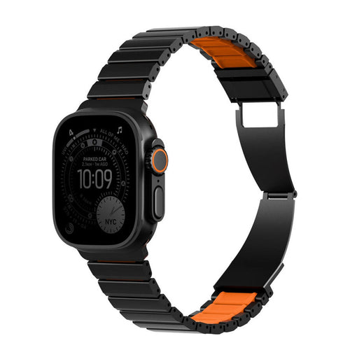 Uniq Strova Flex Apple Watch Steel Link Band 49/46/45/44MM - Midnight Black/Volt Orange - Premium 304 Stainless Steel - with Secure Magnetic Clasp - Self Adjustable