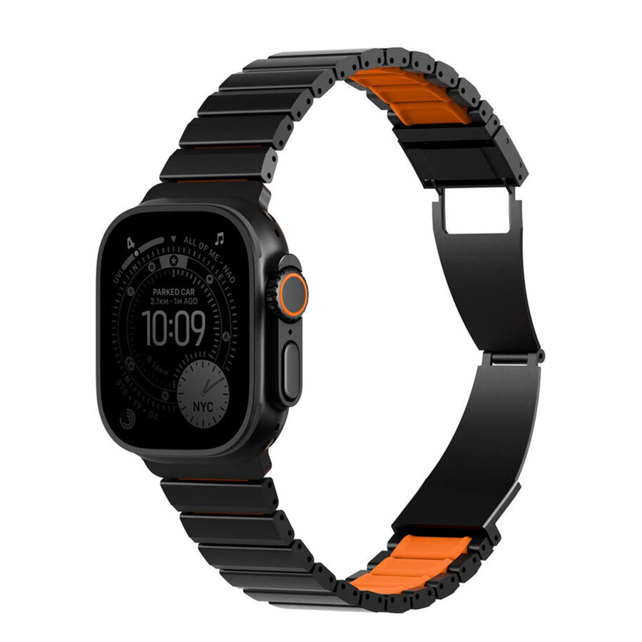 Uniq Strova Flex Apple Watch Steel Link Band 49/46/45/44MM - Midnight Black/Volt Orange - Premium 304 Stainless Steel - with Secure Magnetic Clasp - Self Adjustable