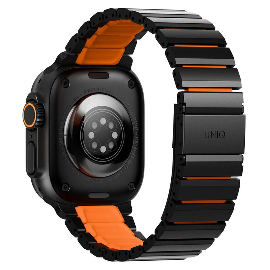 Uniq Strova Flex Apple Watch Steel Link Band 49/46/45/44MM - Midnight Black/Volt Orange - Premium 304 Stainless Steel - with Secure Magnetic Clasp - Self Adjustable