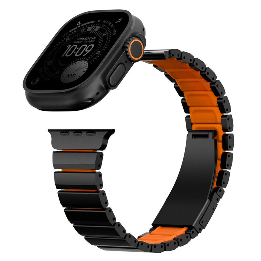 Uniq Strova Flex Apple Watch Steel Link Band 49/46/45/44MM - Midnight Black/Volt Orange - Premium 304 Stainless Steel - with Secure Magnetic Clasp - Self Adjustable