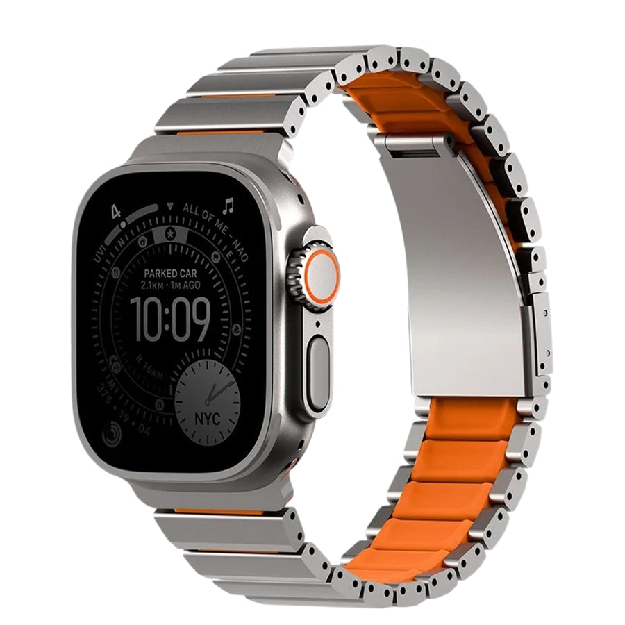 Uniq Strova Flex Apple Watch Steel Link Band 49/46/45/44MM - Titanium Sliver/Volt Orange - Premium 304 Stainless Steel - with Secure Magnetic Clasp - Self Adjustable