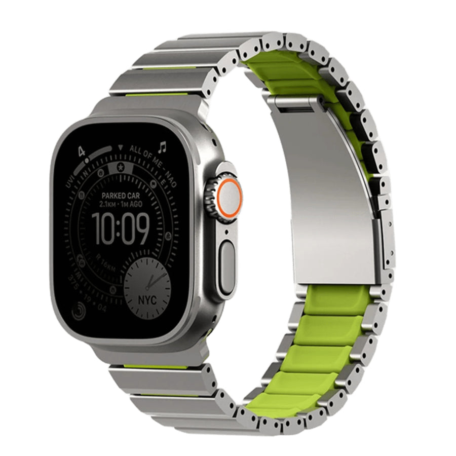Uniq Strova Flex Apple Watch Steel Link Band 49/46/45/44MM - Titanium Sliver/Lime Green - Premium 304 Stainless Steel - with Secure Magnetic Clasp - Self Adjustable