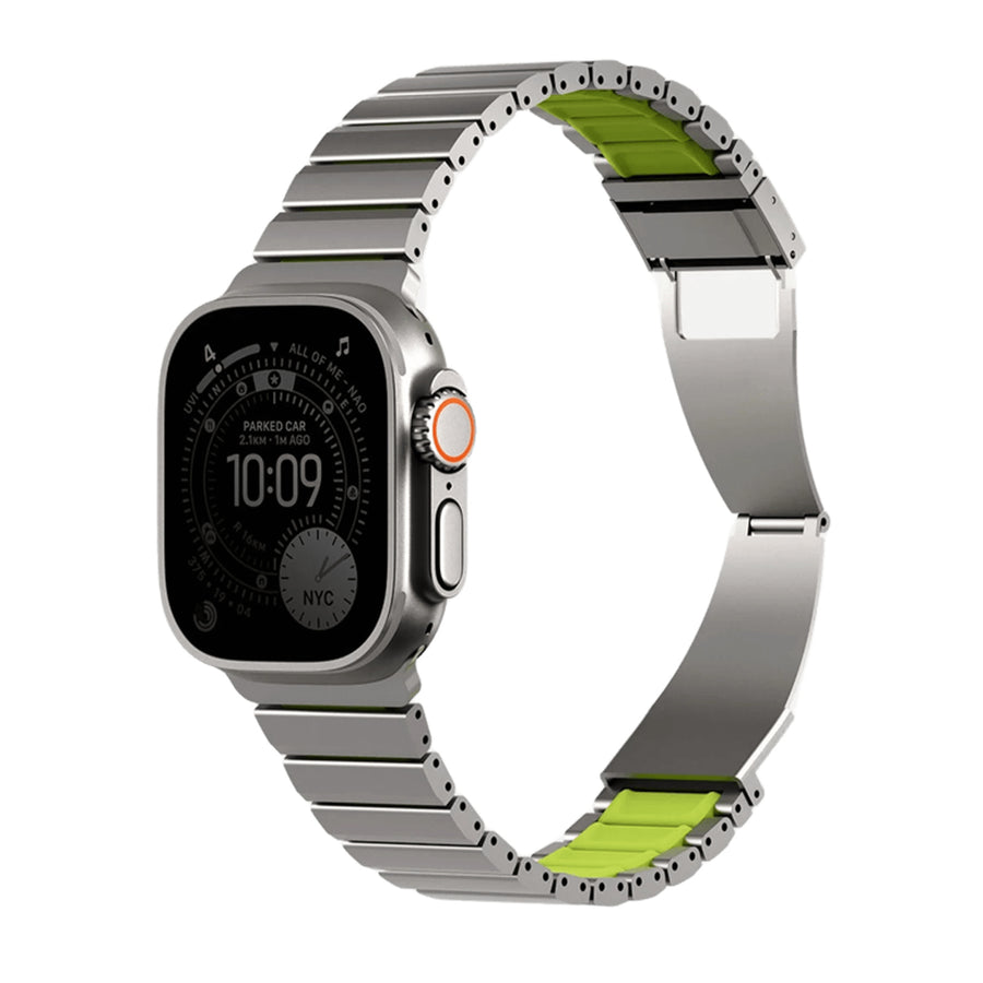 Uniq Strova Flex Apple Watch Steel Link Band 49/46/45/44MM - Titanium Sliver/Lime Green - Premium 304 Stainless Steel - with Secure Magnetic Clasp - Self Adjustable