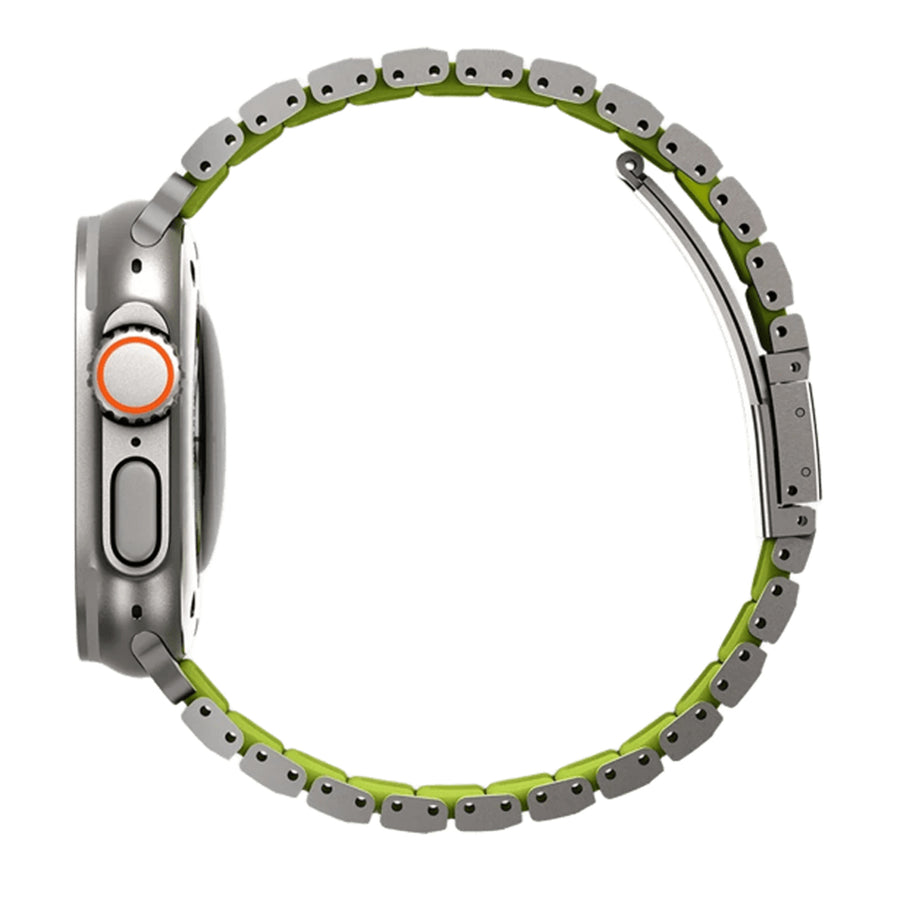 Uniq Strova Flex Apple Watch Steel Link Band 49/46/45/44MM - Titanium Sliver/Lime Green - Premium 304 Stainless Steel - with Secure Magnetic Clasp - Self Adjustable