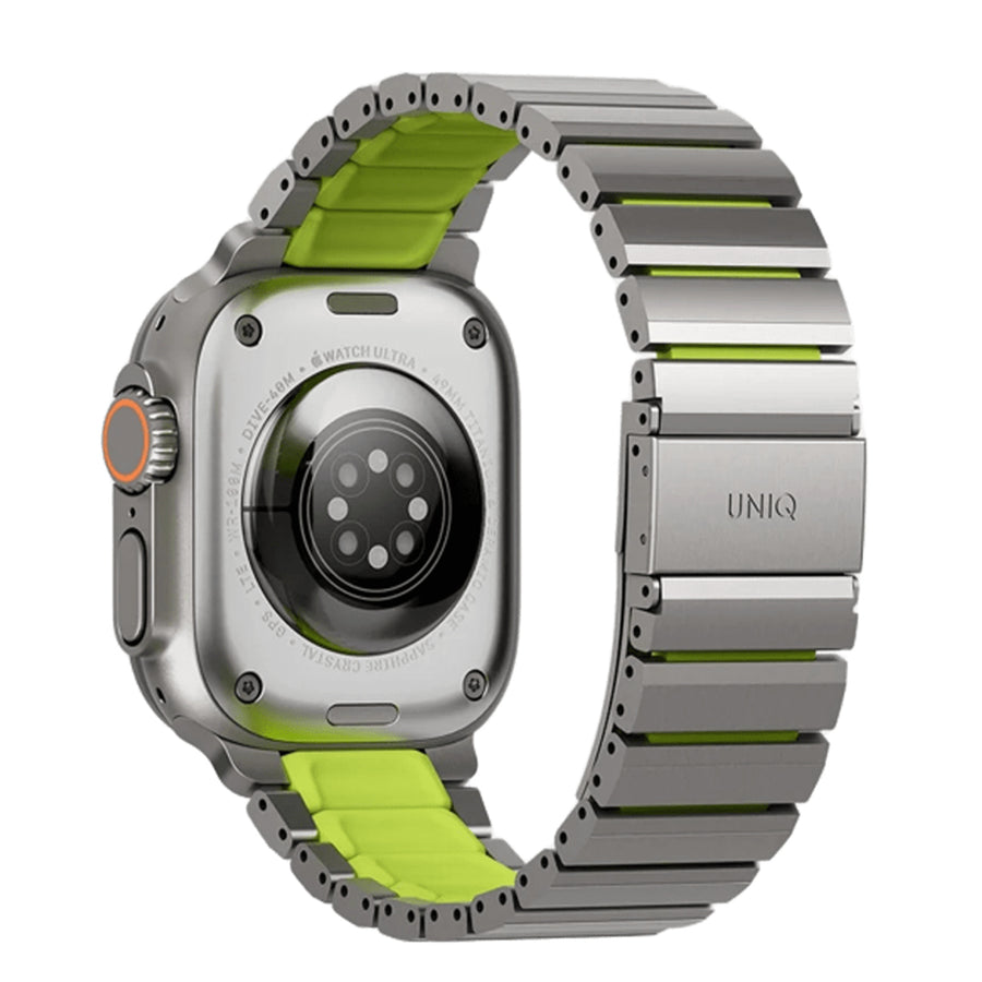 Uniq Strova Flex Apple Watch Steel Link Band 49/46/45/44MM - Titanium Sliver/Lime Green - Premium 304 Stainless Steel - with Secure Magnetic Clasp - Self Adjustable