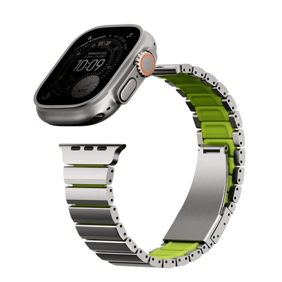 Uniq Strova Flex Apple Watch Steel Link Band 49/46/45/44MM - Titanium Sliver/Lime Green - Premium 304 Stainless Steel - with Secure Magnetic Clasp - Self Adjustable