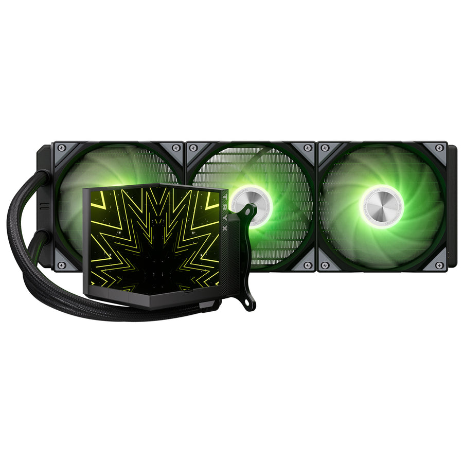 TRYX STAGE ARGB 360mm Black ARGB 360mm AiO Water Cooling With Dual-Screen angled at 90 degree, Support Intel LGA 1851/ 1700 / 115X, AMD AM5 / AM4