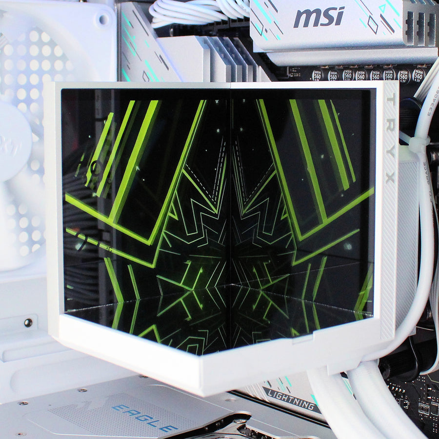 TRYX STAGE ARGB 360mm White ARGB 360mm AiO Water Cooling With Dual-Screen angled at 90 degree, Support Intel LGA 1851/ 1700 / 115X, AMD AM5 / AM4