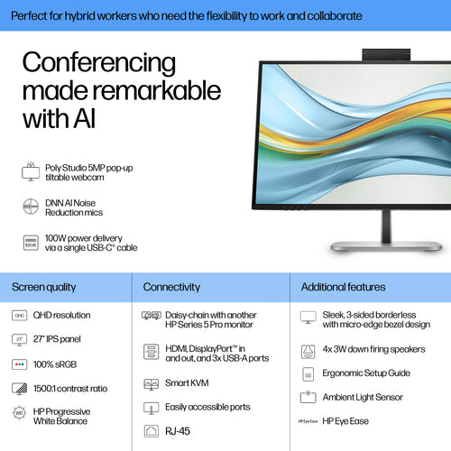 HP Series 5 Pro 527pm 27 inch QHD USB-C Conferencing Monitor -  WHILE STOCK LASTS