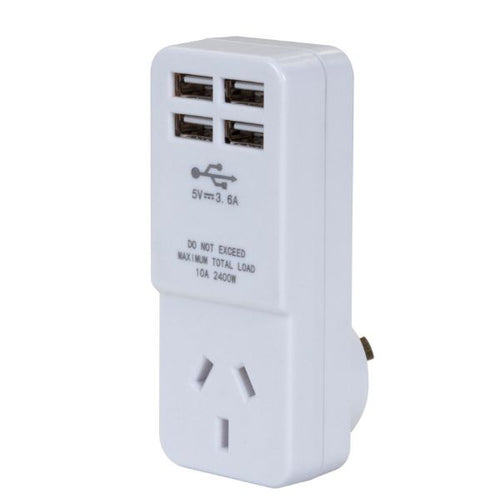 A4U - DYNAMIX A4U - USB-A Wall Charger w/ 4x USB-A Outlets & 1x Main Power Socket Shared 3.6A Quick Charge
