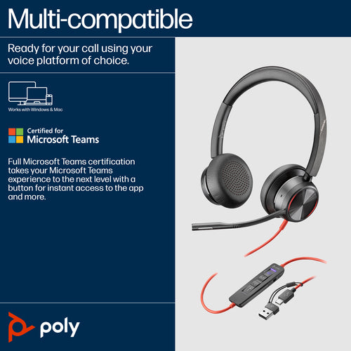 Poly Blackwire 8225 Stereo Microsoft Teams Certified USB-C Headset+USB-C/A Adptr