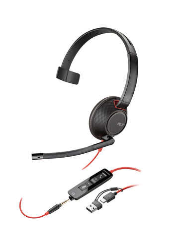 Poly Blackwire 5210 Monaural USB-C Headset +3.5mm Plug +USB-C/A Adapter