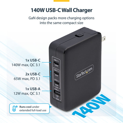STARTECH.COM 140W USB-C WALL CHARGER, USB-C/USB-A, PD GAN POWER ADAPTER, 2 YR