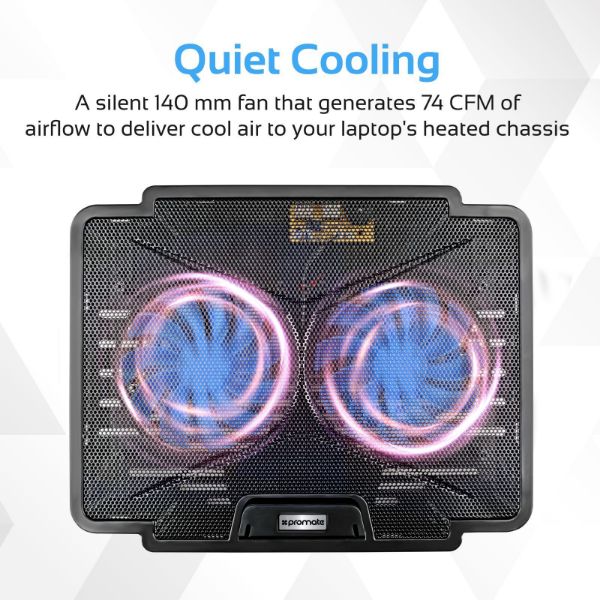 PROMATE AIRBASE-1-BLK - Laptop Cooling Pad w/ Silent Fan. Adjust height performance 140mm fans. USB.