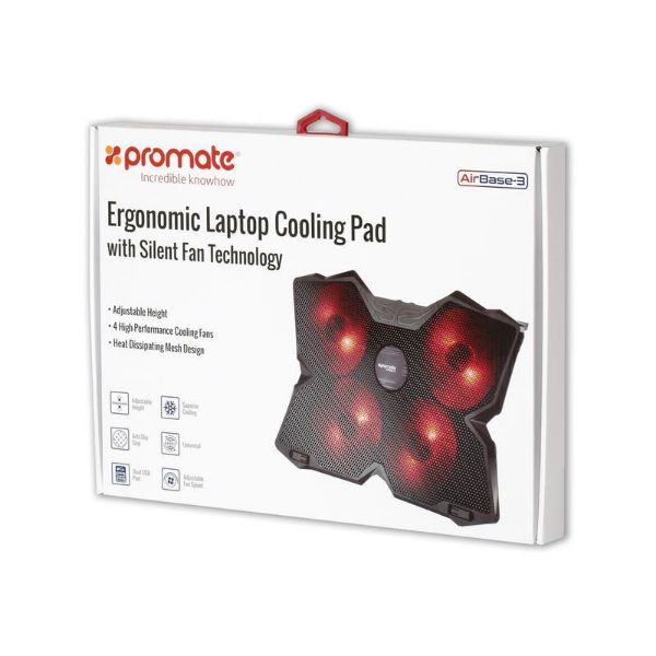 PROMATE AIRBASE-3-BLK - Height Adjustable Ergonomc Gaming Laptop Cooling Pad w/ 5 Built-in High-Speed Cooling