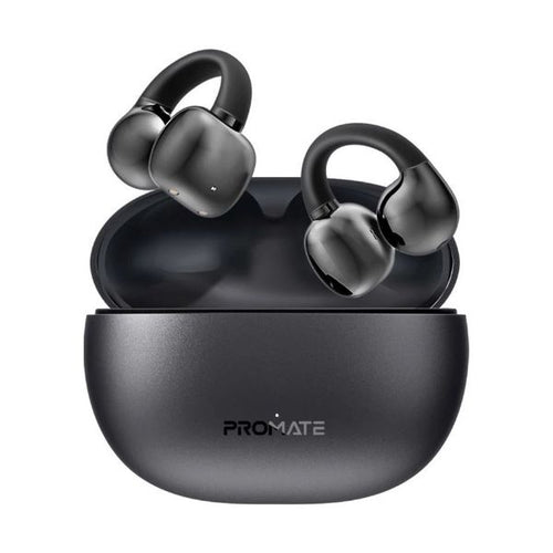 AIRCLIP-BLK - PROMATE Open Ear Clip-on Bluetooth Earbuds with Intellitouch Smart Control. Includes 500mAh Recharging Battery Case, Up to 28 Hours Play Back, Water Resistant, Black