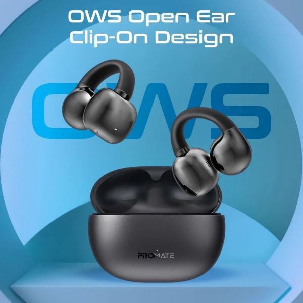 AIRCLIP-BLK - PROMATE Open Ear Clip-on Bluetooth Earbuds with Intellitouch Smart Control. Includes 500mAh Recharging Battery Case, Up to 28 Hours Play Back, Water Resistant, Black
