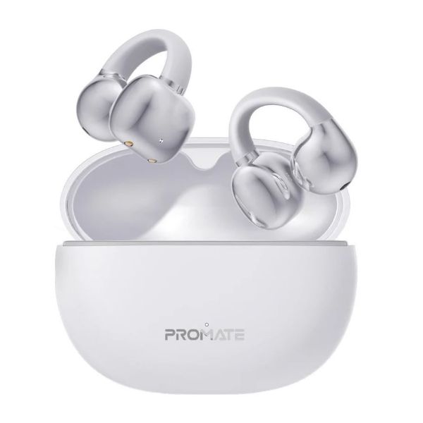 AIRCLIP-WHT - PROMATE Open Ear Clip-on Bluetooth Earbuds with Intellitouch Smart Control. Includes 500mAh Recharging Battery Case, Up to 28 Hours Play Back, Water Resistant, White