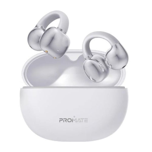 AIRCLIP-WHT - PROMATE Open Ear Clip-on Bluetooth Earbuds with Intellitouch Smart Control. Includes 500mAh Recharging Battery Case, Up to 28 Hours Play Back, Water Resistant, White