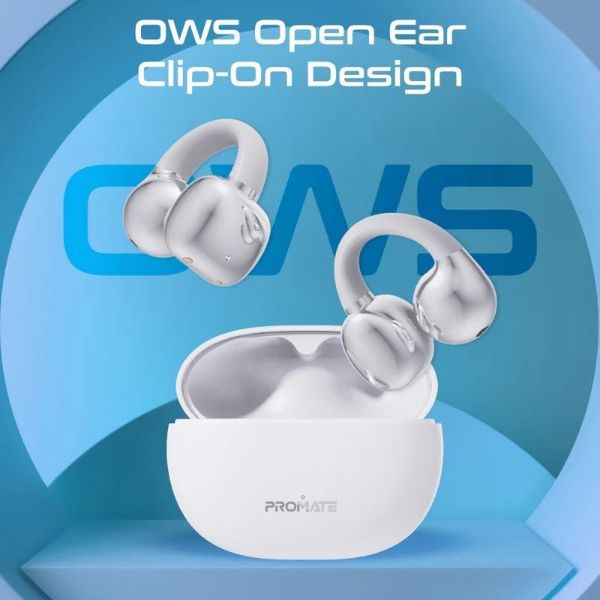AIRCLIP-WHT - PROMATE Open Ear Clip-on Bluetooth Earbuds with Intellitouch Smart Control. Includes 500mAh Recharging Battery Case, Up to 28 Hours Play Back, Water Resistant, White