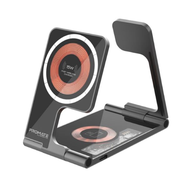 PROMATE AURAFOLD-TRIO - 3-in-1 Ultra-Slim Foldable 15W Magsafe Wireless Charging Station. 3W Apple Charger.
