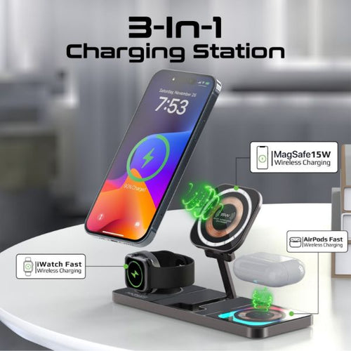 AURASLATE-TRIO - PROMATE AURASLATE-TRIO - 3-in-1 Ultra-Slim 15W MagSafe Charging Station. 3W Apple Watch Charger 5W