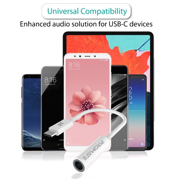 PROMATE AUXLINK-C-WHT - Dynamic Stereo USB-C to 3.5 AUX Headphone Jack Adapter Digital to Analog Converter.