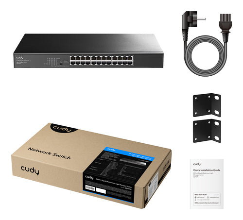 GS1024E - CUDY 24-Port Gigabit Managed Desktop Switch in Metal Case. 16x 10/100/1000M RJ45 Ports, IGMP Snooping, Loop Detection / Prevention, 802.1p/DSCP QoS, Power Saving, Plug & Play.