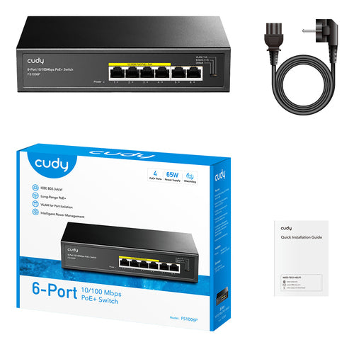 CUDY FS1006P - 6-Port 10/100M Unmanaged PoE+ 60W Desktop Switch Metal Case 4-Port IEEE 802.3at PoE+