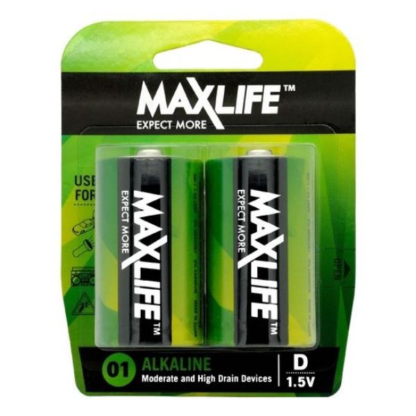 MAXLIFE BATD-A2 - D Alkaline Battery 2 Pack Long Lasting Alkaline Formula. Designed For Everyday & High
