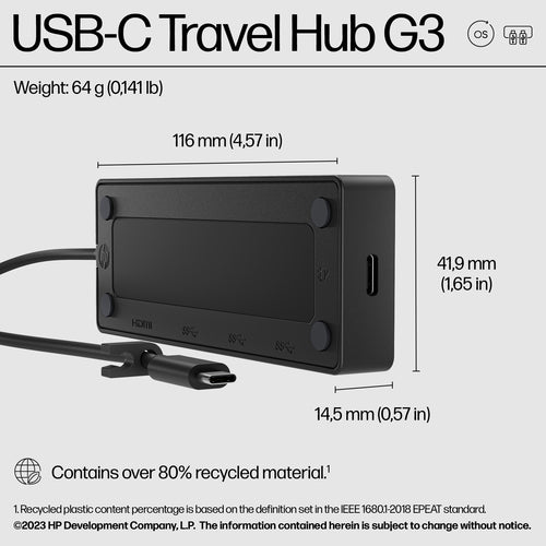 86S97UT - HP USB-C TRAVEL HUB G3