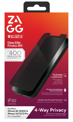 ZAGG InvisibleShield Glass Elite Privacy 360 Screen Protector iPhone 17e, 16e, 14, 13 Pro,