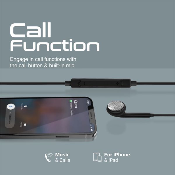 PROMATE BEAT-LT-BLK - Apple MFI Certified HiFi Wired Mono Earbud w/ Call Button and Microphone Black