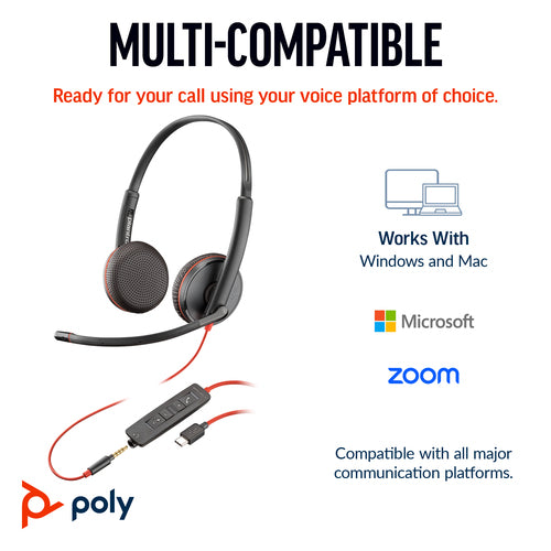 HP 8X229AA - Poly Blackwire 3225 Stereo USB-C Headset +3.5mm Plug +USB-C/A Adapter