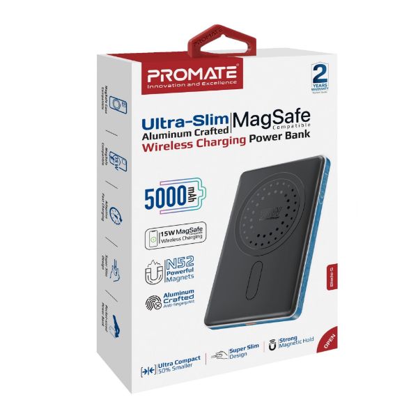PROMATE BLADE-5-BL - 5000mAh Ultra-Slim Wireless Charging 15W MagSafe PowerBank 20WPD USB-C In/Out Port Smart