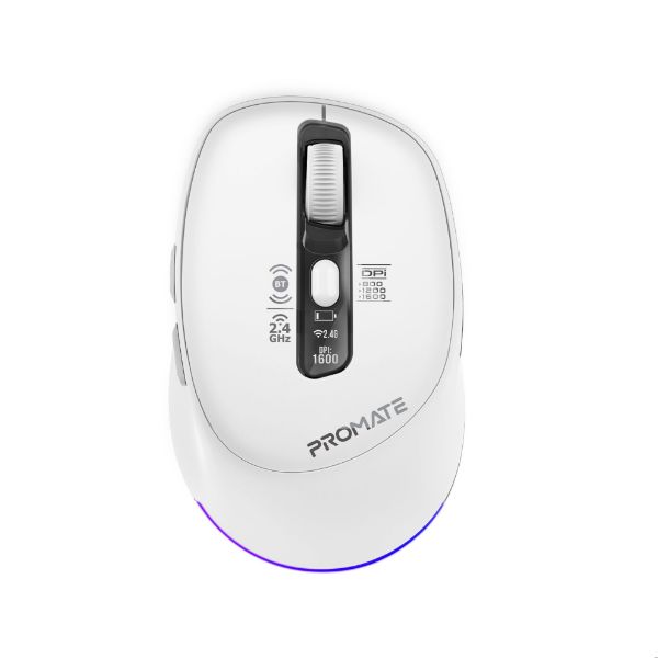 BLIX-3M-WHT - PROMATE Tri-Connect Wireless Mouse with Rechargeable Battery. 2.4G & BT Connect