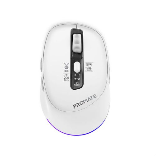 BLIX-3M-WHT - PROMATE Tri-Connect Wireless Mouse with Rechargeable Battery. 2.4G & BT Connect