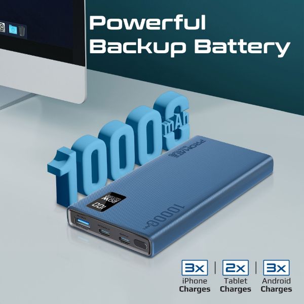 PROMATE BOLT-10PD-BL - 10000mAh Super Slim Smart Charging Power Bank 20W Dual USB-C & 1x 22.5W USB-A QC 3.0