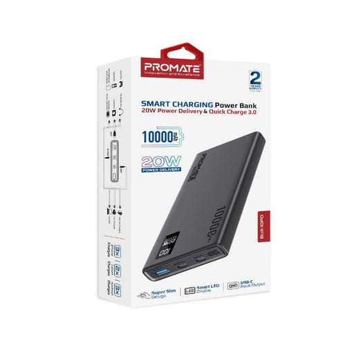 BOLT-10PD-BLK - PROMATE BOLT-10PD-BLK - 10000mAh Super Slim Smart Charging Power Bank 20W Dual USB-C & 1x 22.5W USB-A QC 3.0