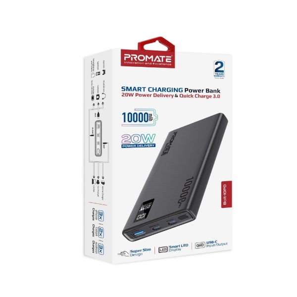 PROMATE BOLT-10PD-BLK - 10000mAh Super Slim Smart Charging Power Bank 20W Dual USB-C & 1x 22.5W USB-A QC 3.0
