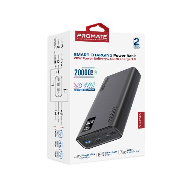 PROMATE BOLT-20PD-BLK - 20000mAh Super Slim Smart Charging Power Bank 20W Dual USB-C & 1x 22.5W USB-A QC 3.0