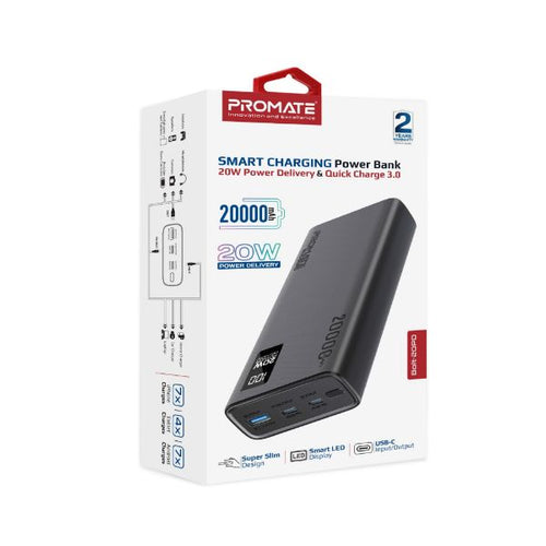 BOLT-20PD-BLK - PROMATE BOLT-20PD-BLK - 20000mAh Super Slim Smart Charging Power Bank 20W Dual USB-C & 1x 22.5W USB-A QC 3.0