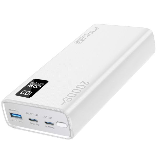 PROMATE BOLT-20PD-WHT - 20000mAh Super Slim Smart Charging Power Bank 20W Dual USB-C & 1x 22.5W USB-A QC 3.0
