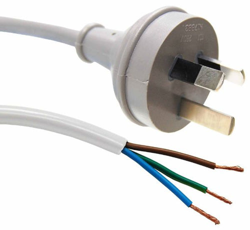 DYNAMIX C-PB3C10-2WH - 2M 3-Pin Plug to Bare End 3 Core 1mm Cable White Colour SAA Approved